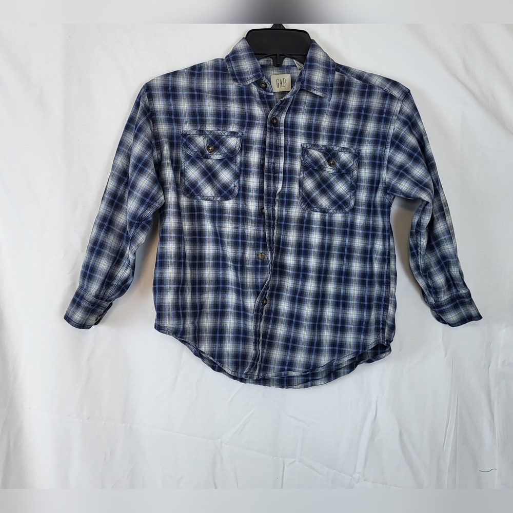 Gap Boys Blue Plaid Long Sleeve Collared‎ Button Down Cotton Shirt S Vintage